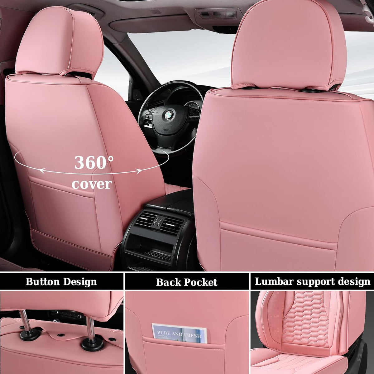 Coverado Car Seat Covers Full Set, 5 Seats Pink Seat Covers for Cars, Nappa Leather Waterproof Car Seat Covers Automotive Seat Covers Interior Accessories Universal Fit Most Cars