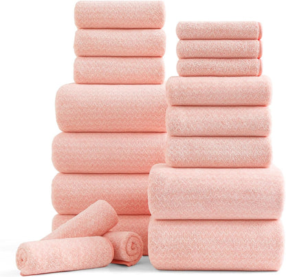 18 Piece Bath Towels Set,100% Microfiber Family Bathroom Towel with Hanging Loops-6 Bath Towels,6 Hand Towels,6 Washcloths,Quick Dry Highly Absorbent Shower Towel for Bathroom,Hotel,Spa-Pink