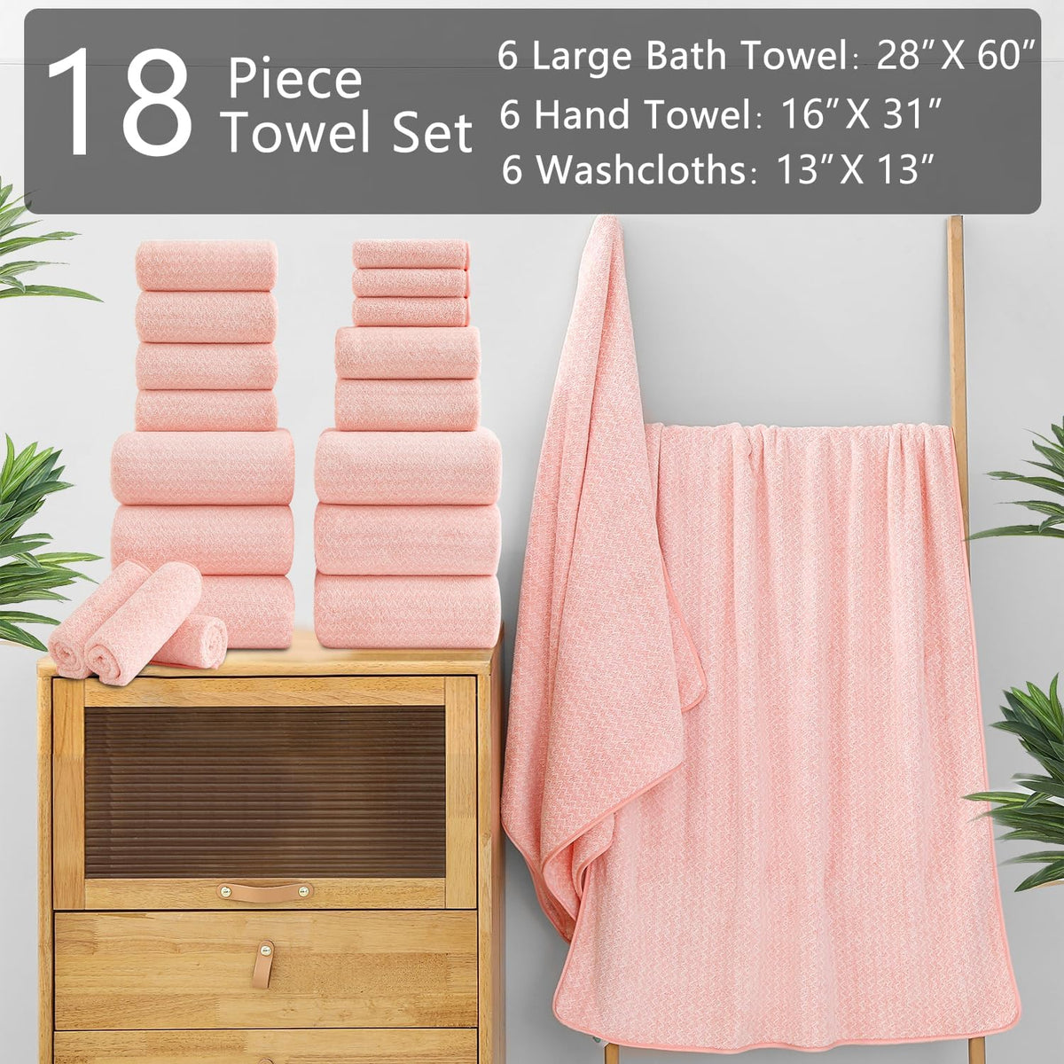 18 Piece Bath Towels Set,100% Microfiber Family Bathroom Towel with Hanging Loops-6 Bath Towels,6 Hand Towels,6 Washcloths,Quick Dry Highly Absorbent Shower Towel for Bathroom,Hotel,Spa-Pink