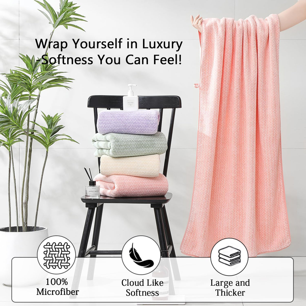 18 Piece Bath Towels Set,100% Microfiber Family Bathroom Towel with Hanging Loops-6 Bath Towels,6 Hand Towels,6 Washcloths,Quick Dry Highly Absorbent Shower Towel for Bathroom,Hotel,Spa-Pink