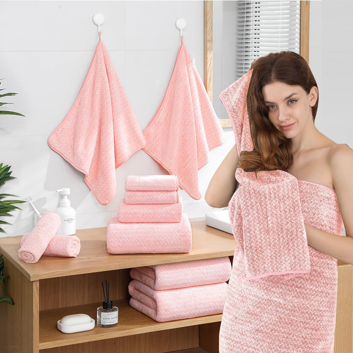 18 Piece Bath Towels Set,100% Microfiber Family Bathroom Towel with Hanging Loops-6 Bath Towels,6 Hand Towels,6 Washcloths,Quick Dry Highly Absorbent Shower Towel for Bathroom,Hotel,Spa-Pink