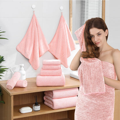 18 Piece Bath Towels Set,100% Microfiber Family Bathroom Towel with Hanging Loops-6 Bath Towels,6 Hand Towels,6 Washcloths,Quick Dry Highly Absorbent Shower Towel for Bathroom,Hotel,Spa-Pink