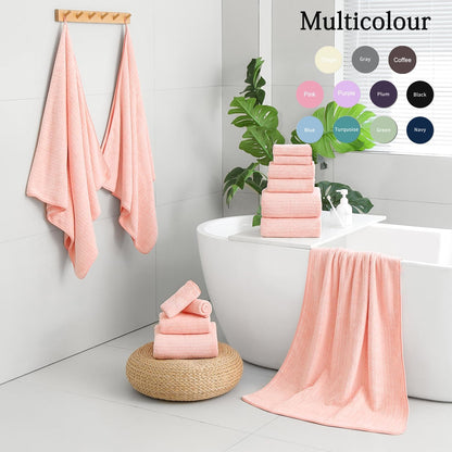 18 Piece Bath Towels Set,100% Microfiber Family Bathroom Towel with Hanging Loops-6 Bath Towels,6 Hand Towels,6 Washcloths,Quick Dry Highly Absorbent Shower Towel for Bathroom,Hotel,Spa-Pink