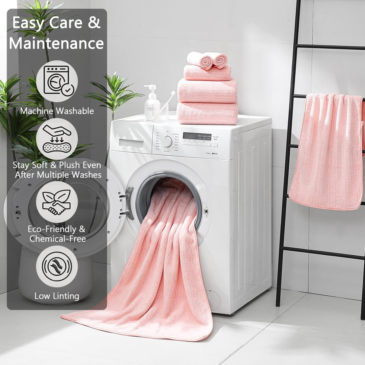 18 Piece Bath Towels Set,100% Microfiber Family Bathroom Towel with Hanging Loops-6 Bath Towels,6 Hand Towels,6 Washcloths,Quick Dry Highly Absorbent Shower Towel for Bathroom,Hotel,Spa-Pink