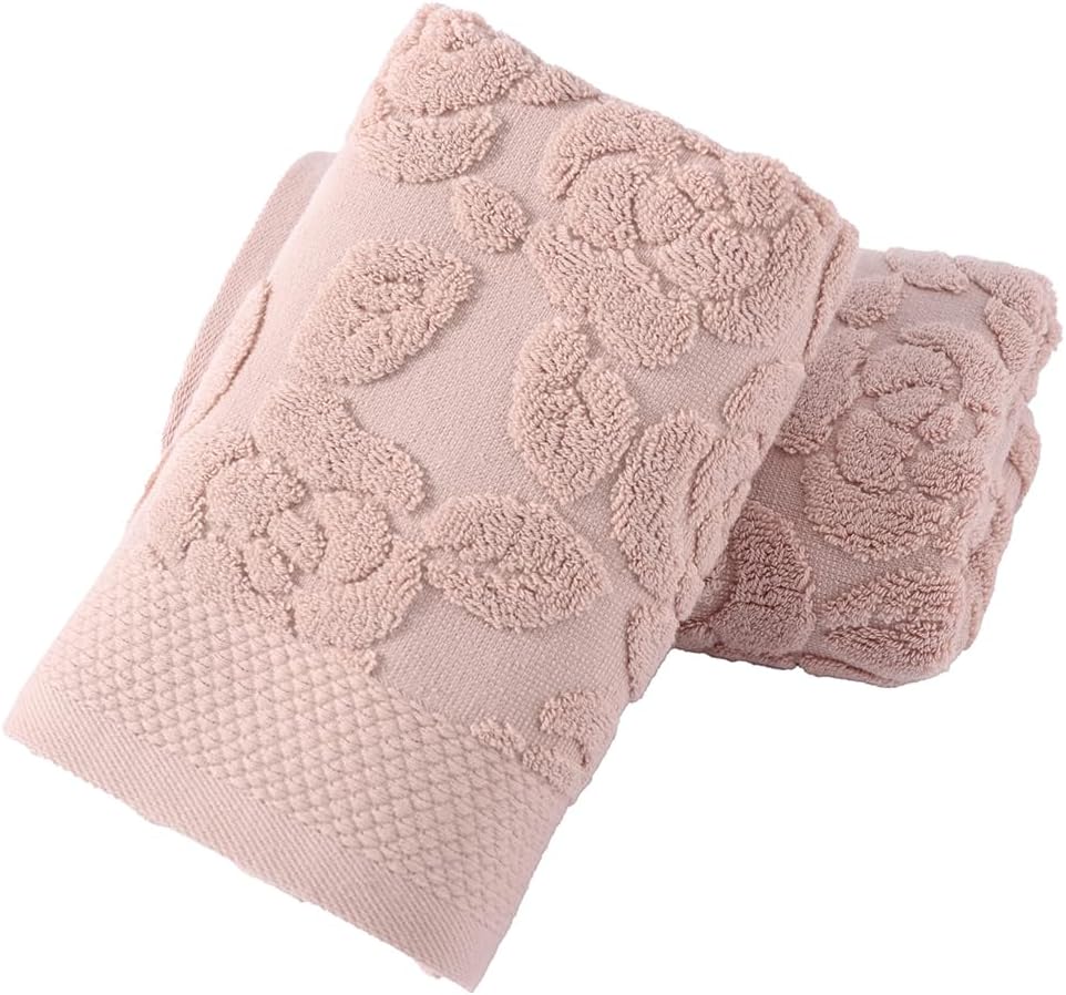 Pink Rose Hand Towel Set of 2 Super Soft 100% Cotton Embossed Floral Pattern Highly Absorbent Decorations Bath Hand Towels for Bathroom 13x 29 Inch