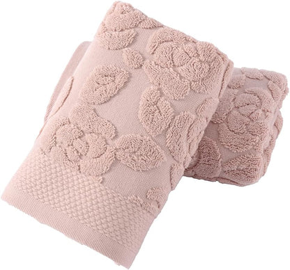 Pink Rose Hand Towel Set of 2 Super Soft 100% Cotton Embossed Floral Pattern Highly Absorbent Decorations Bath Hand Towels for Bathroom 13x 29 Inch
