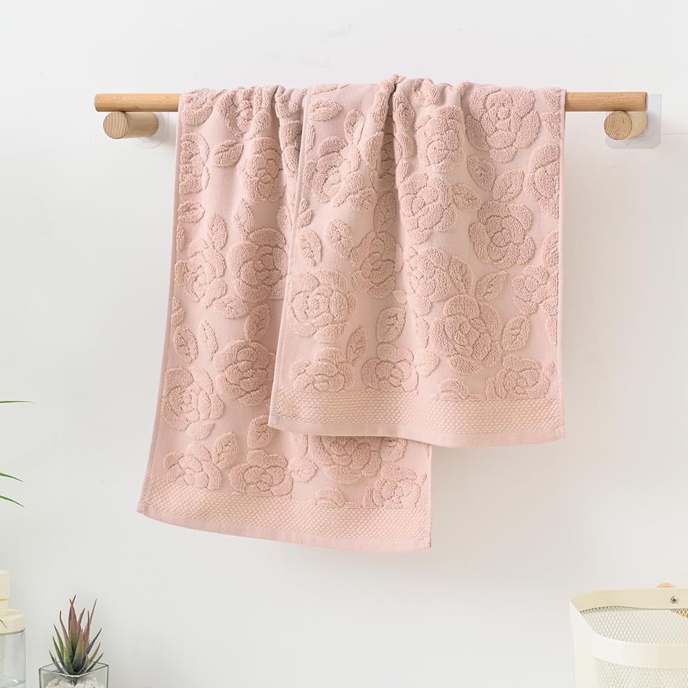 Pink Rose Hand Towel Set of 2 Super Soft 100% Cotton Embossed Floral Pattern Highly Absorbent Decorations Bath Hand Towels for Bathroom 13x 29 Inch