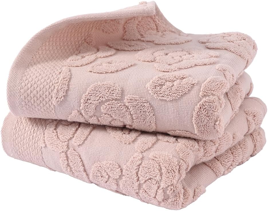 Pink Rose Hand Towel Set of 2 Super Soft 100% Cotton Embossed Floral Pattern Highly Absorbent Decorations Bath Hand Towels for Bathroom 13x 29 Inch