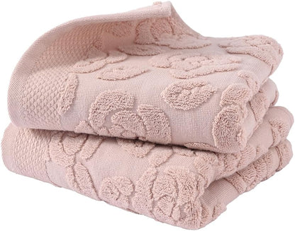 Pink Rose Hand Towel Set of 2 Super Soft 100% Cotton Embossed Floral Pattern Highly Absorbent Decorations Bath Hand Towels for Bathroom 13x 29 Inch