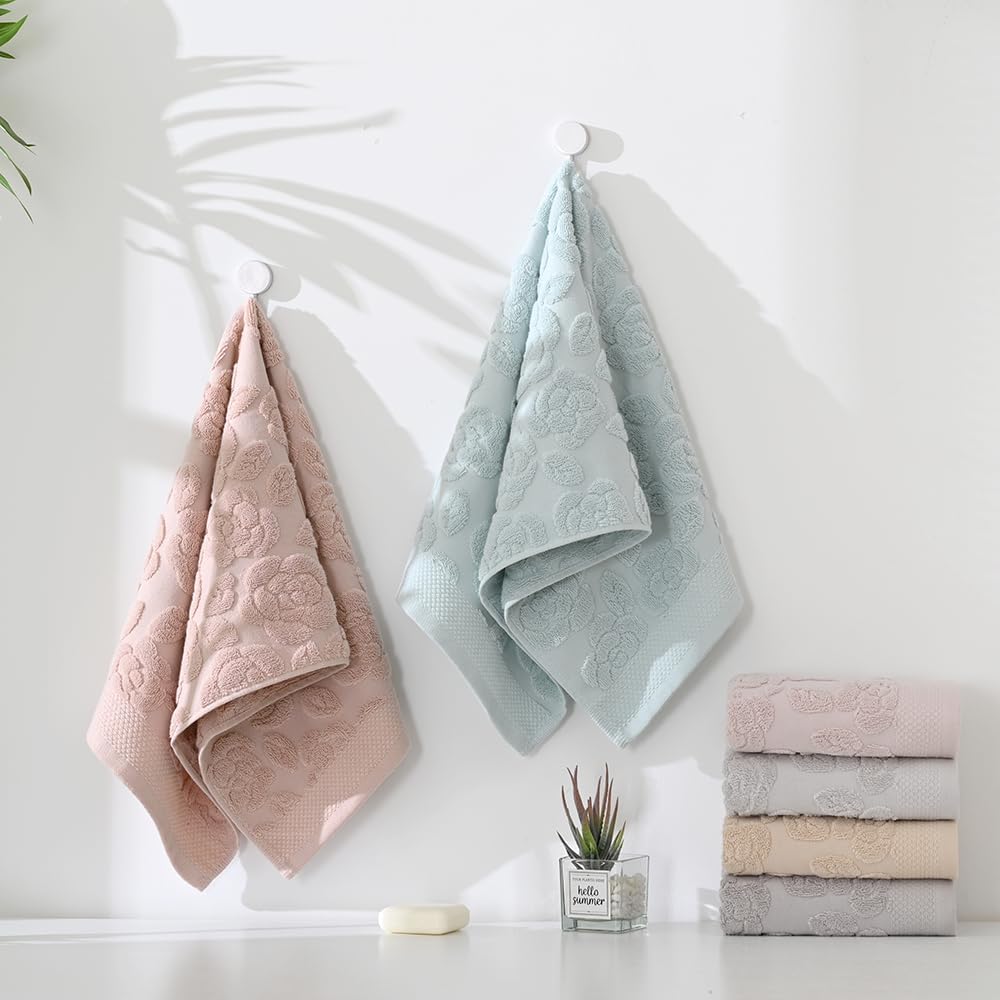Pink Rose Hand Towel Set of 2 Super Soft 100% Cotton Embossed Floral Pattern Highly Absorbent Decorations Bath Hand Towels for Bathroom 13x 29 Inch