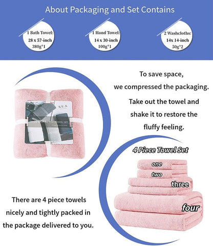 4 Piece Quick-Dry Microfiber Towel Sets, Super Soft and Absorbent Bathroom Towels, Great Shower Towel, Hotel Towel Gym Towels- Light Pink