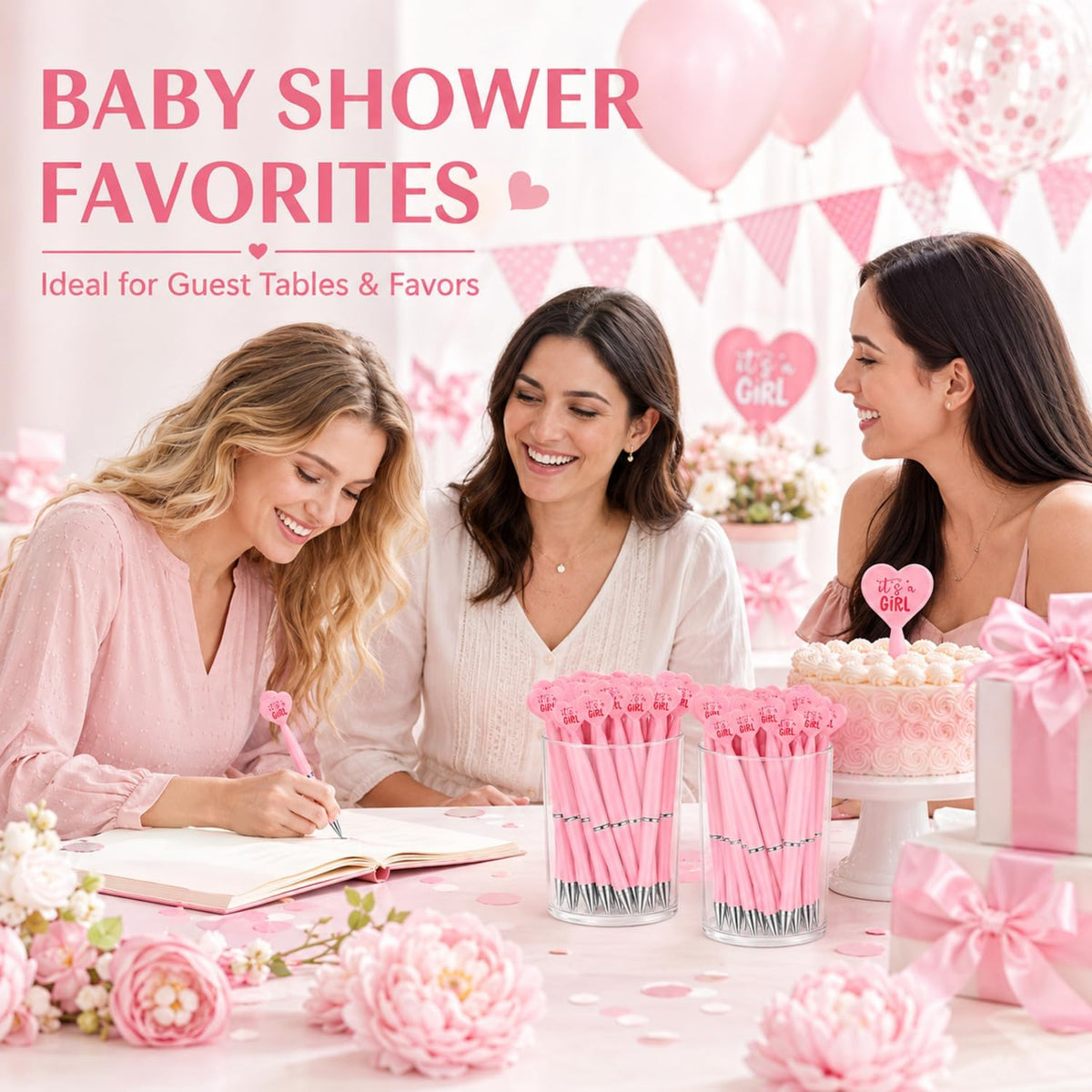 48 Pcs Pink Baby Shower Pens Bulk Ballpoint Pens It's a Girl Favors Supplies for Guests Baby Shower Birth Announcement Gifts
