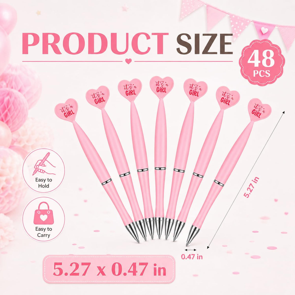 48 Pcs Pink Baby Shower Pens Bulk Ballpoint Pens It's a Girl Favors Supplies for Guests Baby Shower Birth Announcement Gifts