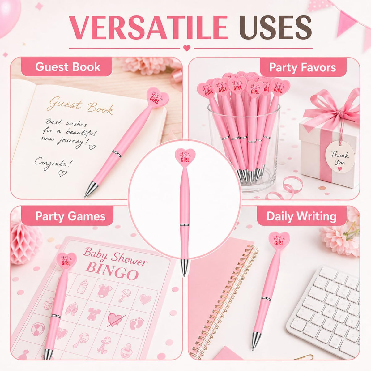 48 Pcs Pink Baby Shower Pens Bulk Ballpoint Pens It's a Girl Favors Supplies for Guests Baby Shower Birth Announcement Gifts