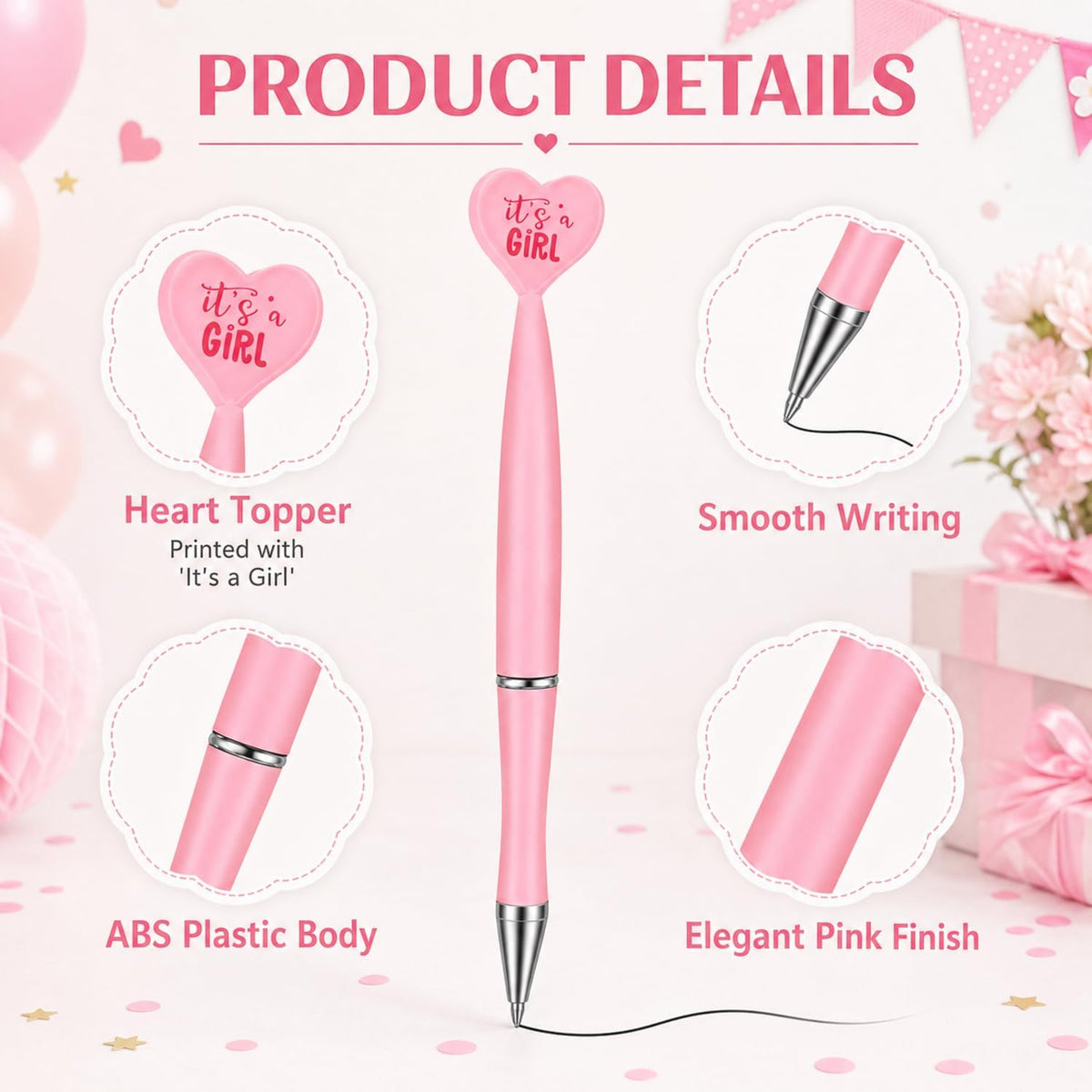 48 Pcs Pink Baby Shower Pens Bulk Ballpoint Pens It's a Girl Favors Supplies for Guests Baby Shower Birth Announcement Gifts