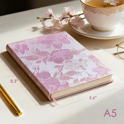 Pink Notebook, A5, Ruled Journal, Hardcover, Lay-flat, Embroidered Flower Journal, Beautiful Journal, Cute Notebooks for Women, Gift for Her, Writing Journal, Gratitude Journal, Peach Blossom