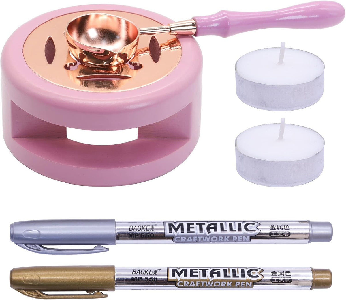 Wax Seal Warmer Kit with 2 Pens, 2 Candles and 1 Spoon, Pink
