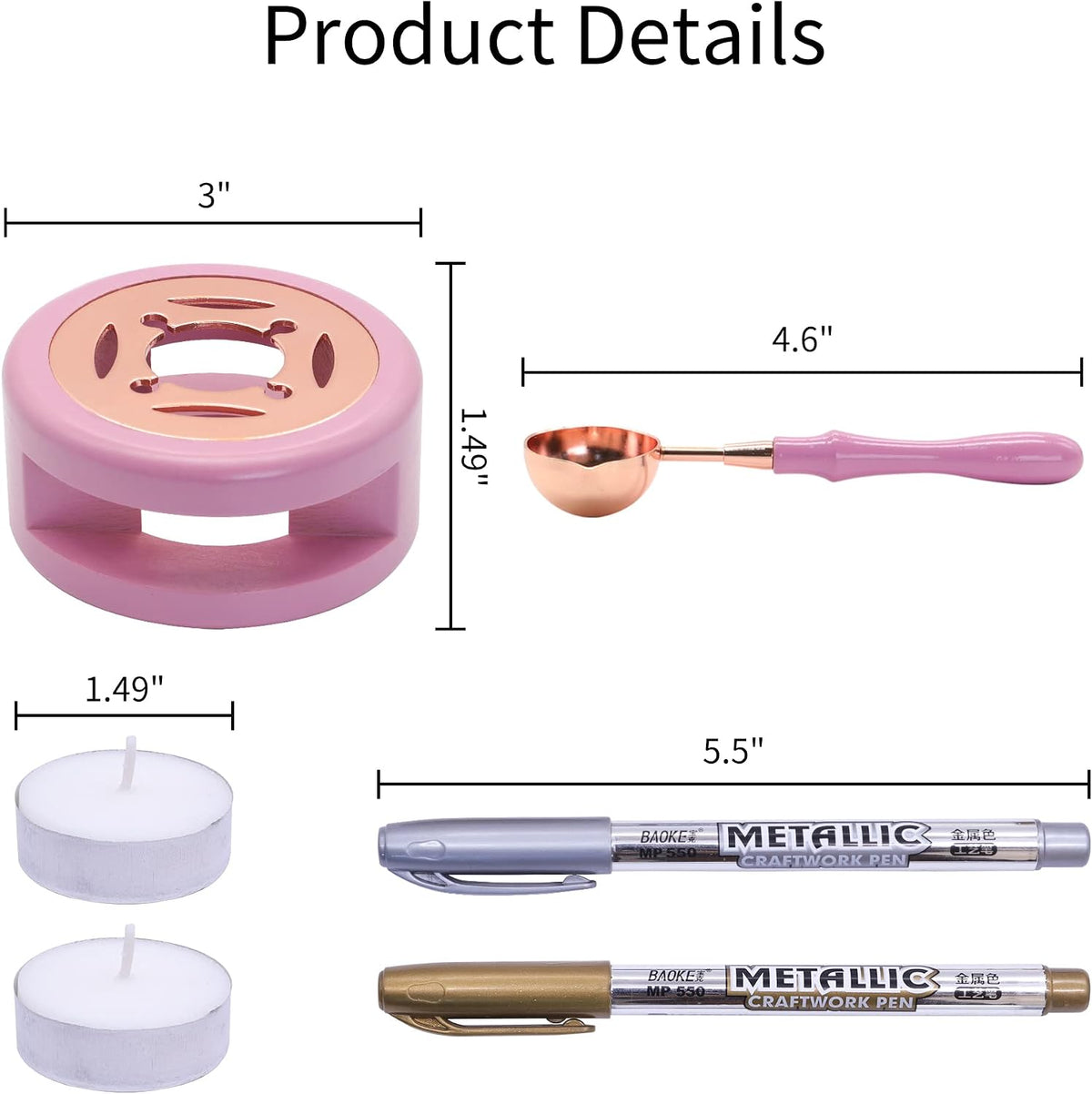 Wax Seal Warmer Kit with 2 Pens, 2 Candles and 1 Spoon, Pink