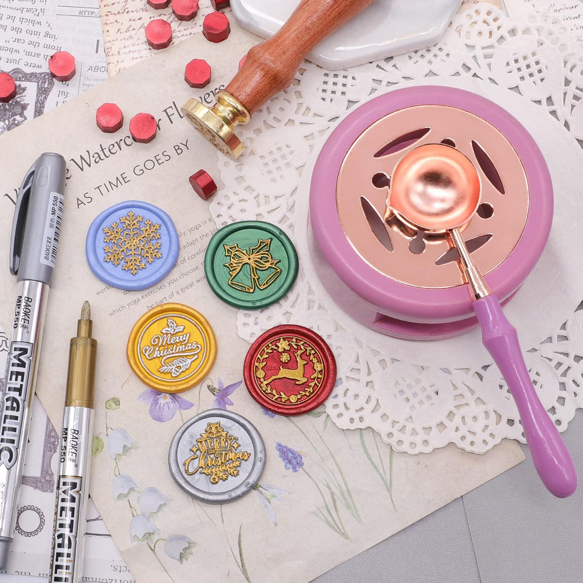 Wax Seal Warmer Kit with 2 Pens, 2 Candles and 1 Spoon, Pink