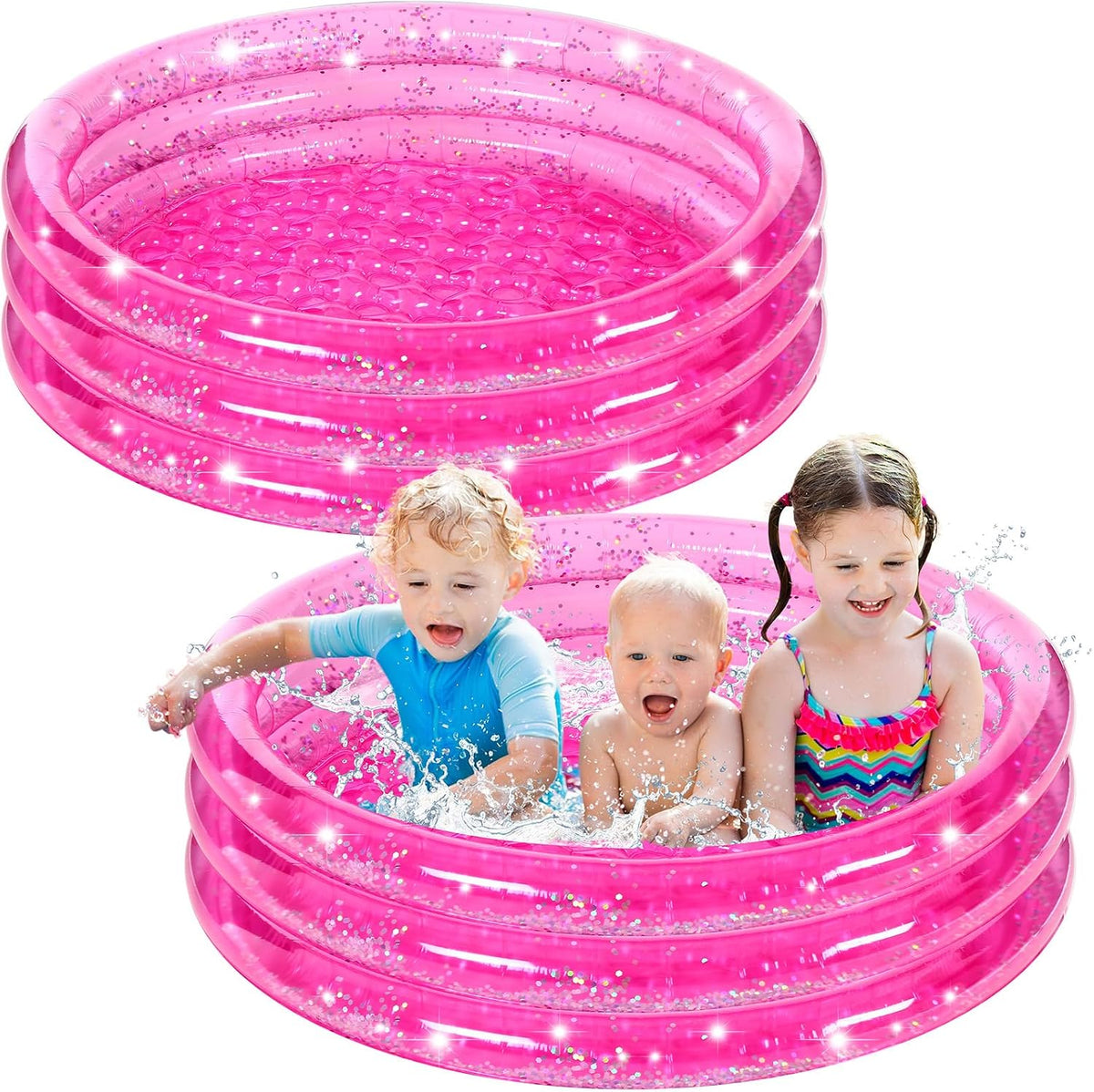 2 Pack Pink Inflatable Pool, 47 Inch Round 3 Ring Design with Silver Glitter and Cushioned Bottom, Easy Drain, Soft Padded Comfort for Kids Toddlers Backyard Fun