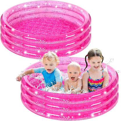 2 Pack Pink Inflatable Pool, 47 Inch Round 3 Ring Design with Silver Glitter and Cushioned Bottom, Easy Drain, Soft Padded Comfort for Kids Toddlers Backyard Fun