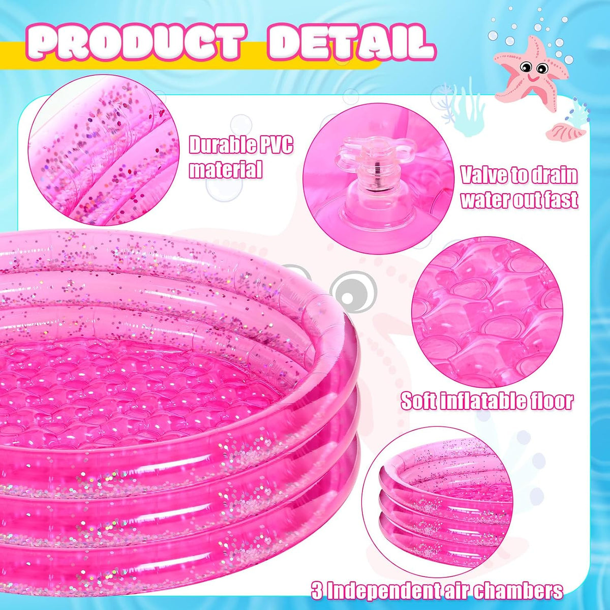 2 Pack Pink Inflatable Pool, 47 Inch Round 3 Ring Design with Silver Glitter and Cushioned Bottom, Easy Drain, Soft Padded Comfort for Kids Toddlers Backyard Fun