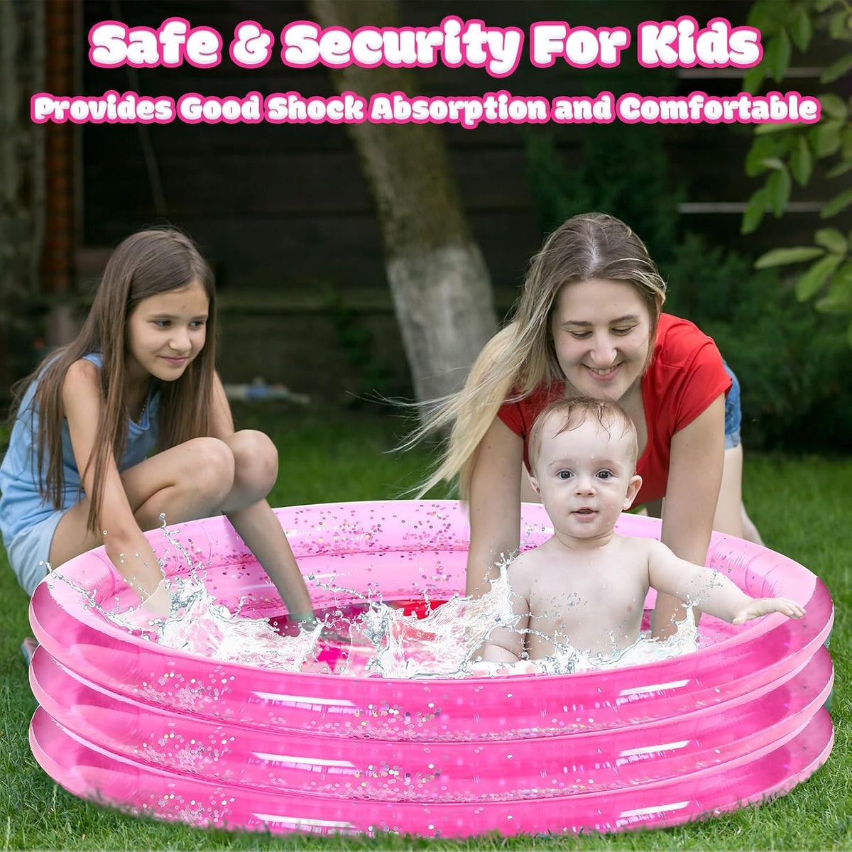 2 Pack Pink Inflatable Pool, 47 Inch Round 3 Ring Design with Silver Glitter and Cushioned Bottom, Easy Drain, Soft Padded Comfort for Kids Toddlers Backyard Fun