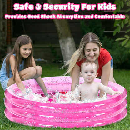 2 Pack Pink Inflatable Pool, 47 Inch Round 3 Ring Design with Silver Glitter and Cushioned Bottom, Easy Drain, Soft Padded Comfort for Kids Toddlers Backyard Fun