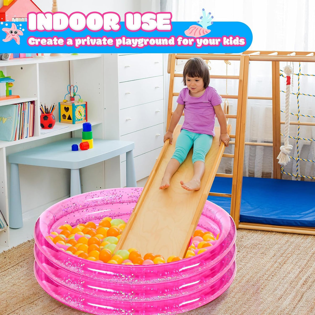 2 Pack Pink Inflatable Pool, 47 Inch Round 3 Ring Design with Silver Glitter and Cushioned Bottom, Easy Drain, Soft Padded Comfort for Kids Toddlers Backyard Fun