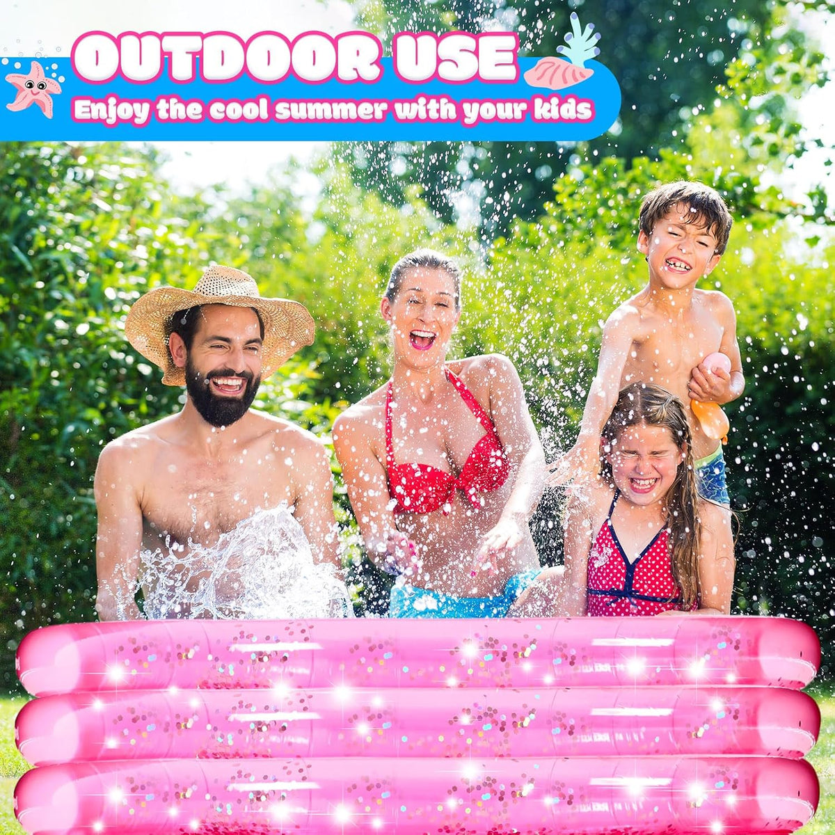 2 Pack Pink Inflatable Pool, 47 Inch Round 3 Ring Design with Silver Glitter and Cushioned Bottom, Easy Drain, Soft Padded Comfort for Kids Toddlers Backyard Fun
