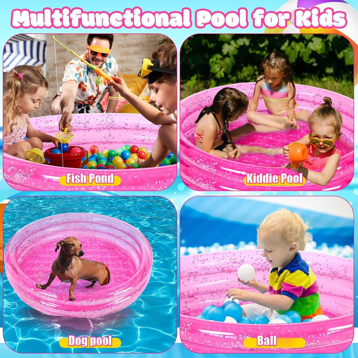 2 Pack Pink Inflatable Pool, 47 Inch Round 3 Ring Design with Silver Glitter and Cushioned Bottom, Easy Drain, Soft Padded Comfort for Kids Toddlers Backyard Fun