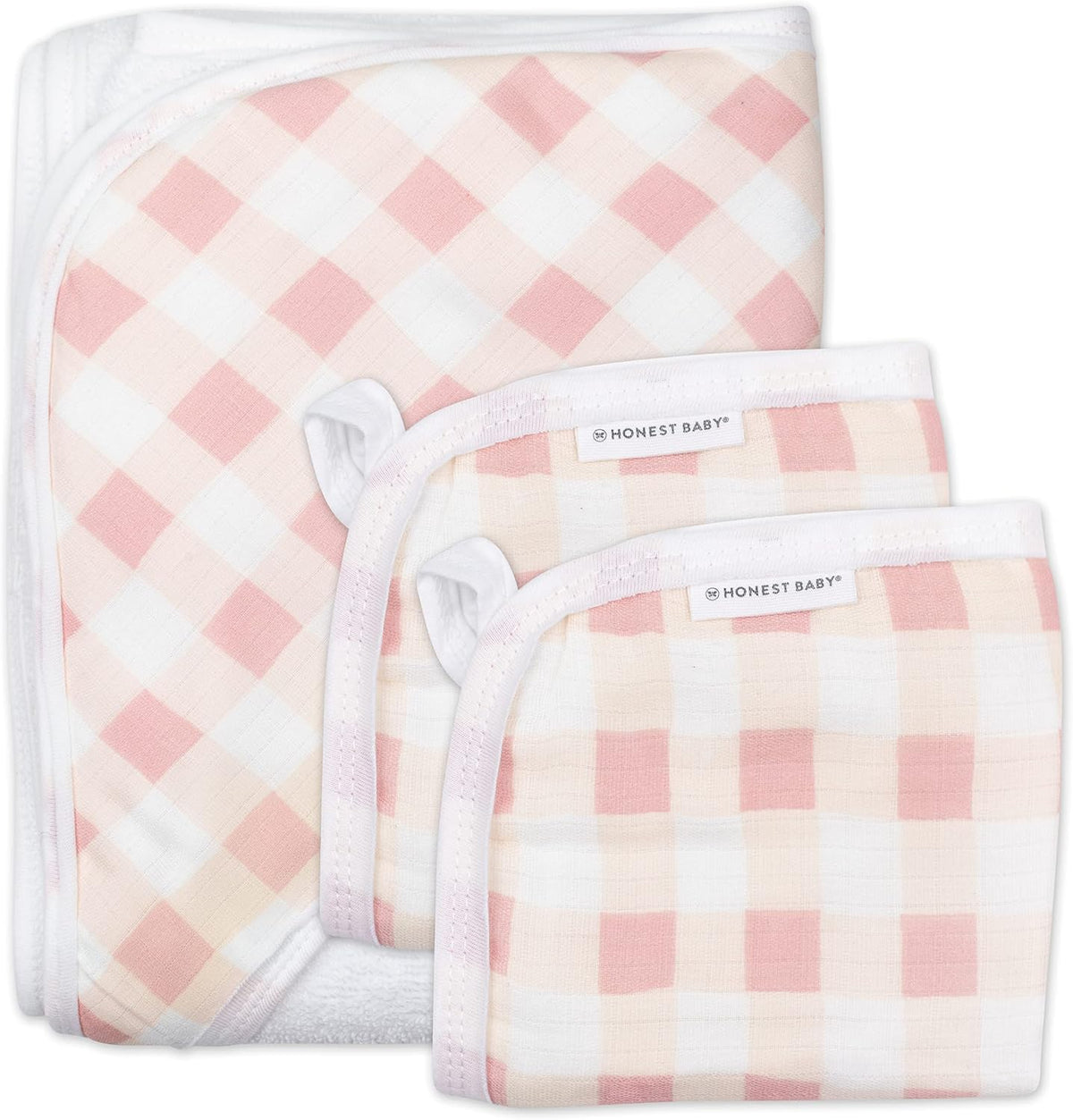 3-Piece Organic Cotton Hooded Towel & Washcloth Set, Peach Skin Painted Buffalo Check, One Size