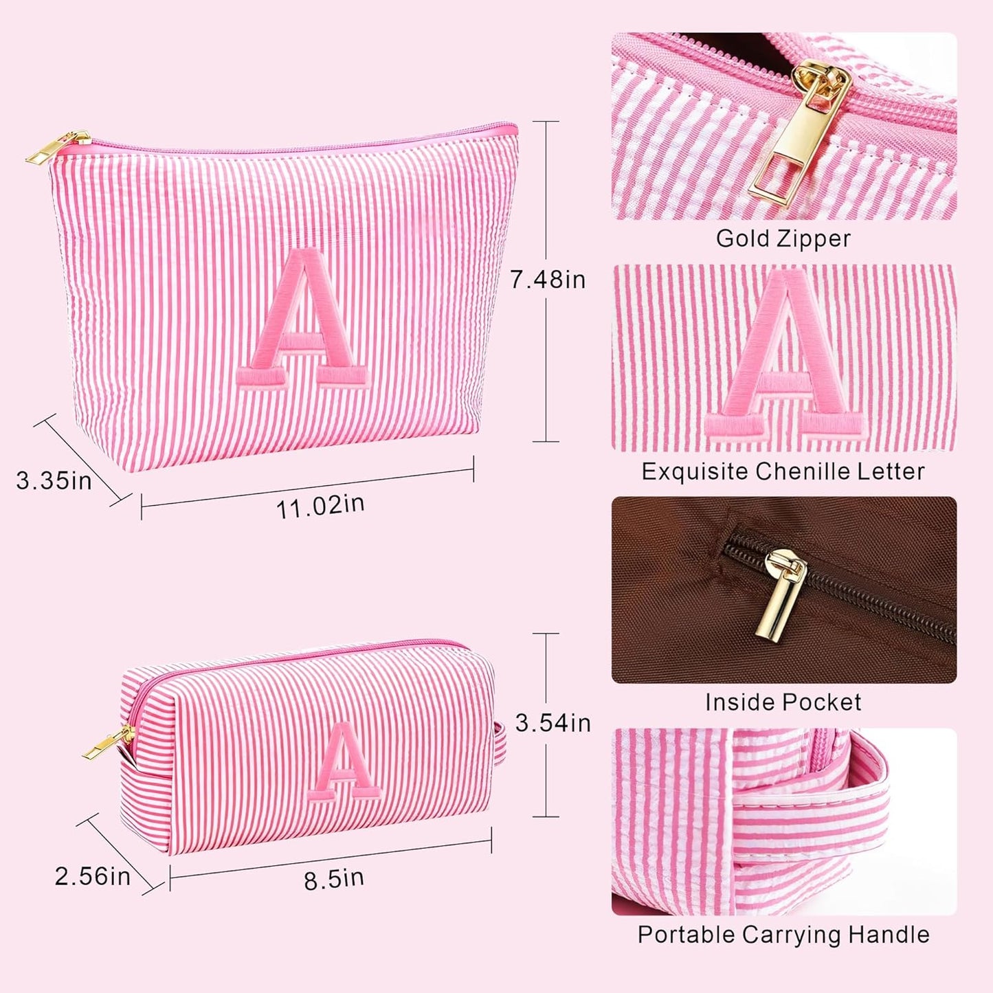 Initial Makeup Bag Set - Cute Light Pink Stuff for Women, Personalized Makeup Pouch Cosmetic Travel Essentials Toiletry Bag, Birthday Christmas Gifts for Women Stocking Stuffers, Light Pink E