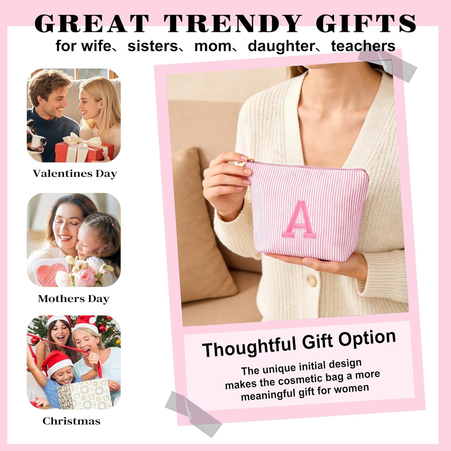 Initial Makeup Bag Set - Cute Light Pink Stuff for Women, Personalized Makeup Pouch Cosmetic Travel Essentials Toiletry Bag, Birthday Christmas Gifts for Women Stocking Stuffers, Light Pink E