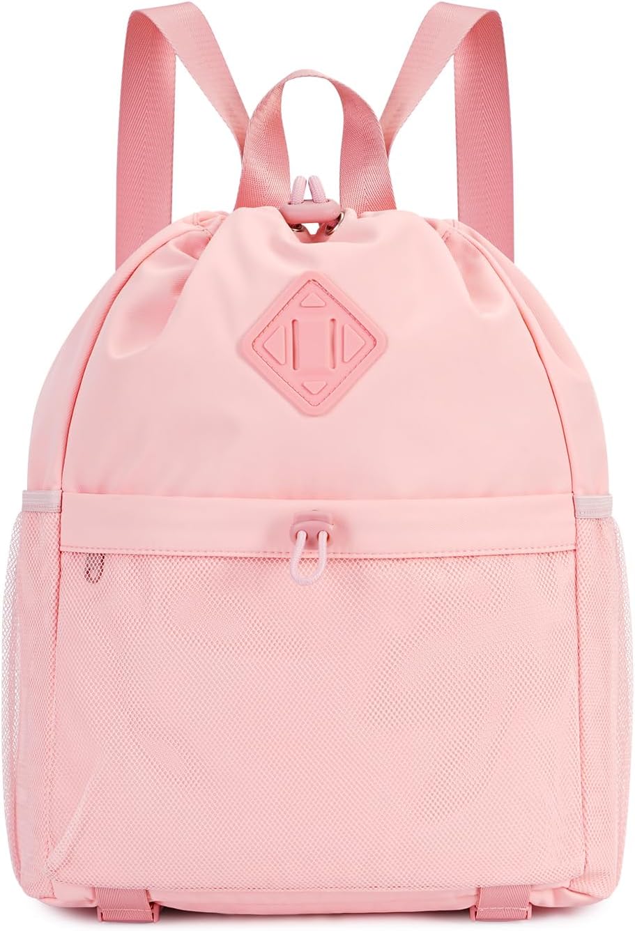 Drawstring Backpack for Women, Lightweight Gym Bag with Yoga Mat Strap, Water-Resistant String Backpack with Mesh Pocket (Pink, Patent Pending)