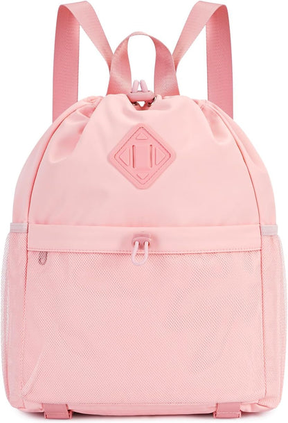 Drawstring Backpack for Women, Lightweight Gym Bag with Yoga Mat Strap, Water-Resistant String Backpack with Mesh Pocket (Pink, Patent Pending)