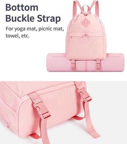 Drawstring Backpack for Women, Lightweight Gym Bag with Yoga Mat Strap, Water-Resistant String Backpack with Mesh Pocket (Pink, Patent Pending)