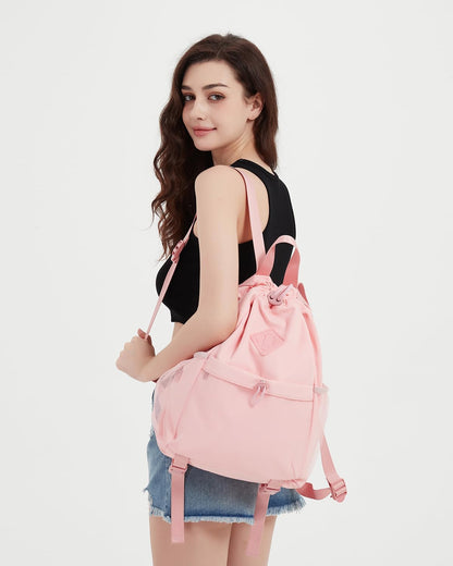 Drawstring Backpack for Women, Lightweight Gym Bag with Yoga Mat Strap, Water-Resistant String Backpack with Mesh Pocket (Pink, Patent Pending)