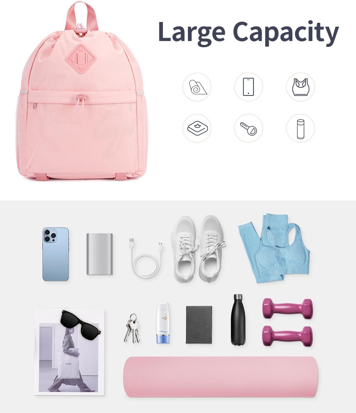 Drawstring Backpack for Women, Lightweight Gym Bag with Yoga Mat Strap, Water-Resistant String Backpack with Mesh Pocket (Pink, Patent Pending)