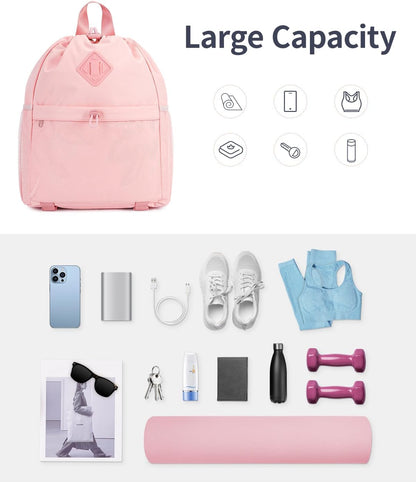 Drawstring Backpack for Women, Lightweight Gym Bag with Yoga Mat Strap, Water-Resistant String Backpack with Mesh Pocket (Pink, Patent Pending)