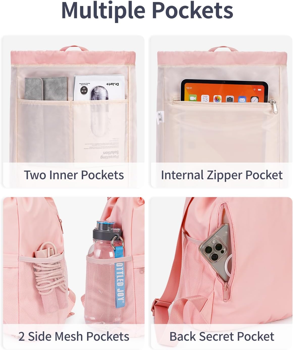 Drawstring Backpack for Women, Lightweight Gym Bag with Yoga Mat Strap, Water-Resistant String Backpack with Mesh Pocket (Pink, Patent Pending)
