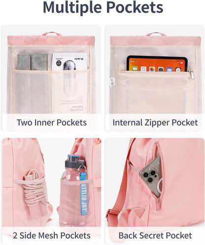 Drawstring Backpack for Women, Lightweight Gym Bag with Yoga Mat Strap, Water-Resistant String Backpack with Mesh Pocket (Pink, Patent Pending)