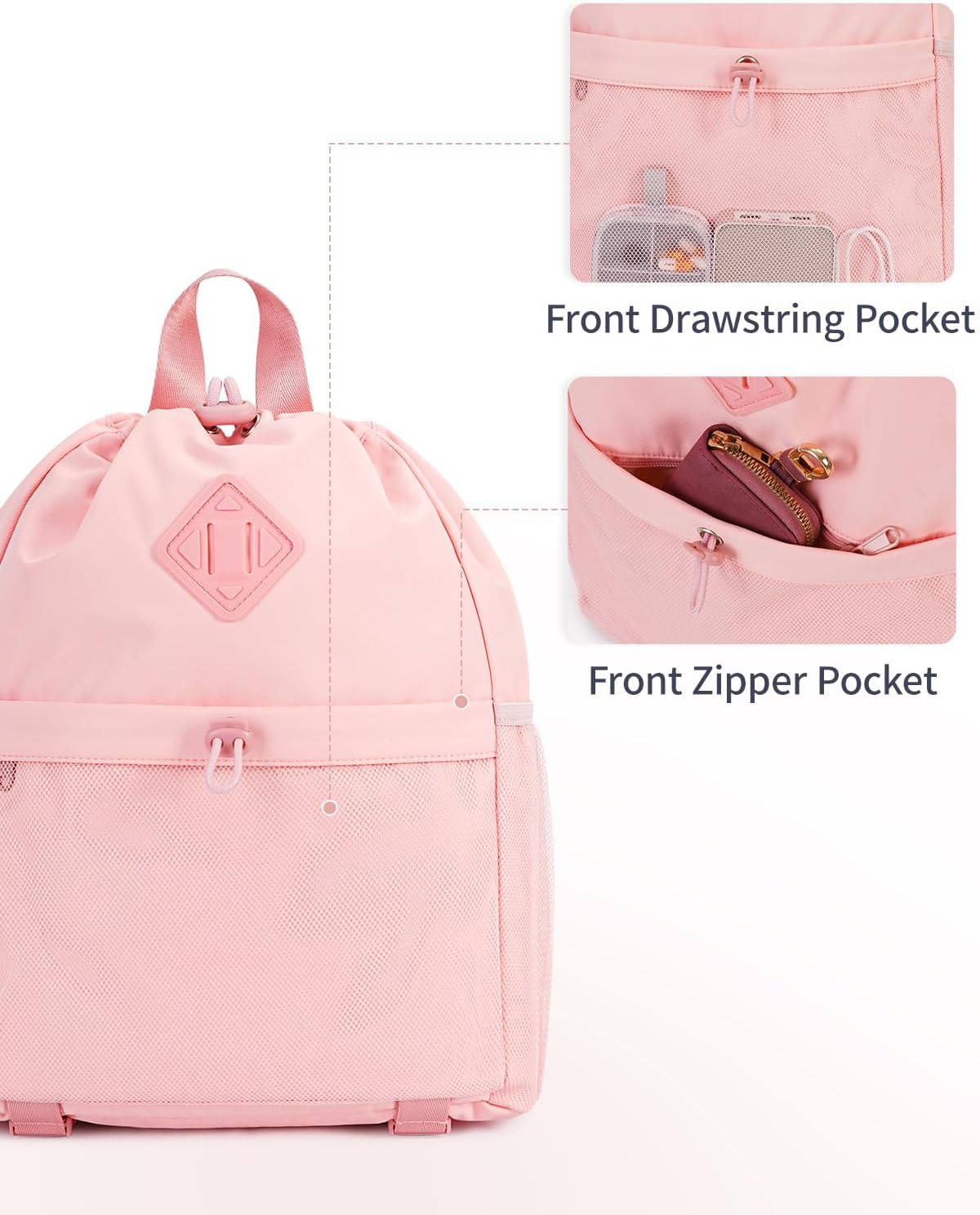 Drawstring Backpack for Women, Lightweight Gym Bag with Yoga Mat Strap, Water-Resistant String Backpack with Mesh Pocket (Pink, Patent Pending)
