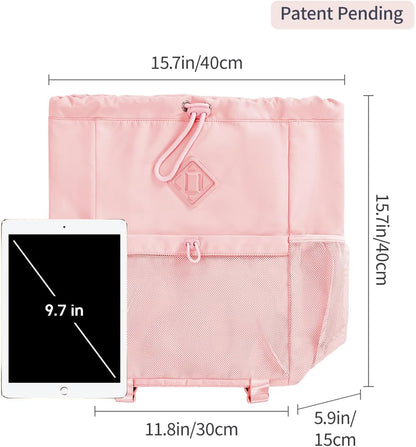 Drawstring Backpack for Women, Lightweight Gym Bag with Yoga Mat Strap, Water-Resistant String Backpack with Mesh Pocket (Pink, Patent Pending)