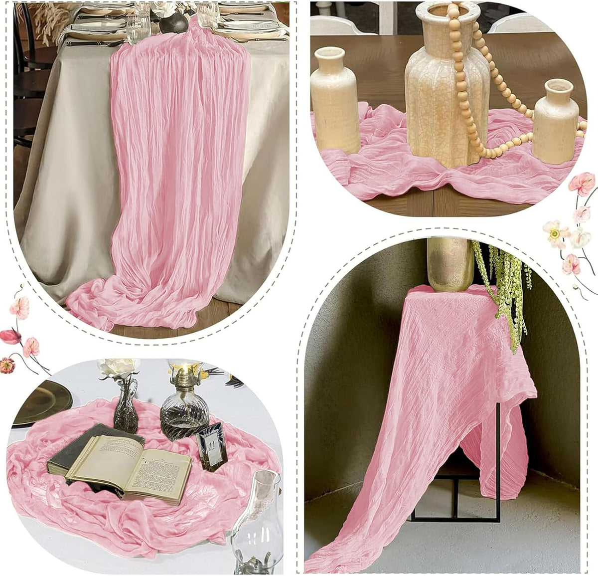 12 Pack Light Pink Cheesecloth Table Runner 17 x 108 Inch Gauze Table Runner Fabric Semi Sheer Cheese Cloth Table Decor Bulk for Rustic Romantic Wedding Baby Shower Table Decoration