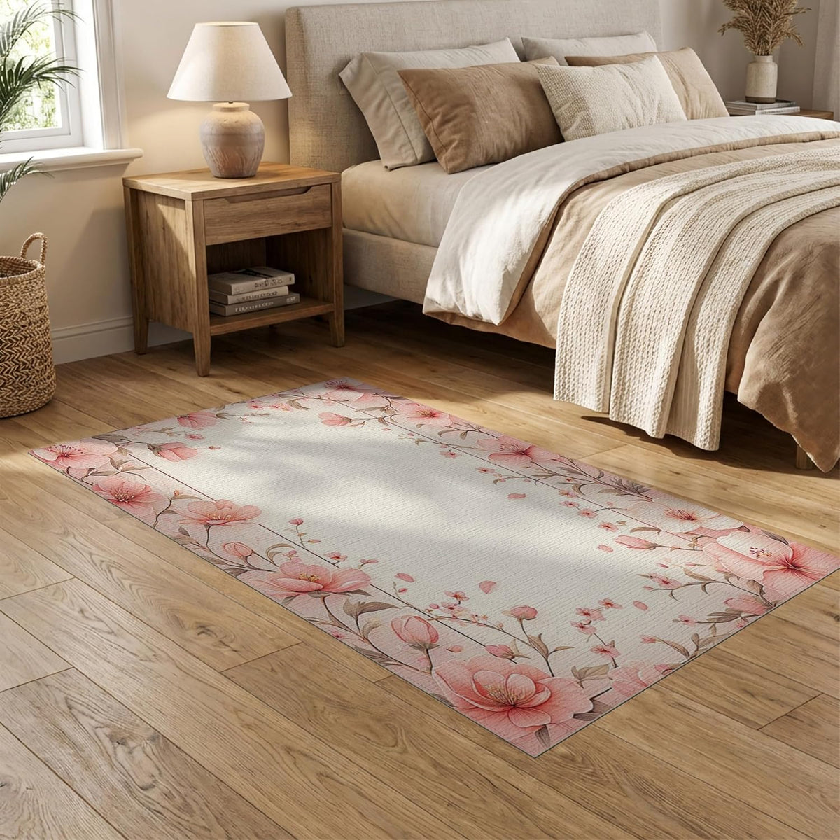 5'x7' Pink Beige Floral Design Washable Area Rug