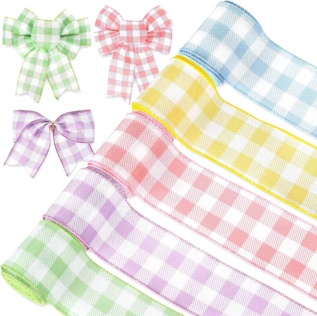 Spring Wired Edge Ribbon 30 Yards Pastel Buffalo Plaids Fabric Ribbon Light Blue Yellow Pink Purple Green Decorative Wrapping Ribbons for Easter Wreath Bow Making DIY Crafts, 5 Roll