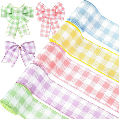 Spring Wired Edge Ribbon 30 Yards Pastel Buffalo Plaids Fabric Ribbon Light Blue Yellow Pink Purple Green Decorative Wrapping Ribbons for Easter Wreath Bow Making DIY Crafts, 5 Roll