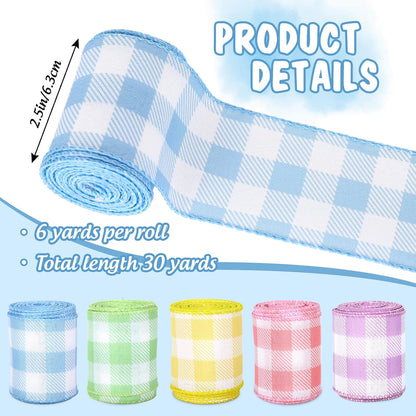 Spring Wired Edge Ribbon 30 Yards Pastel Buffalo Plaids Fabric Ribbon Light Blue Yellow Pink Purple Green Decorative Wrapping Ribbons for Easter Wreath Bow Making DIY Crafts, 5 Roll