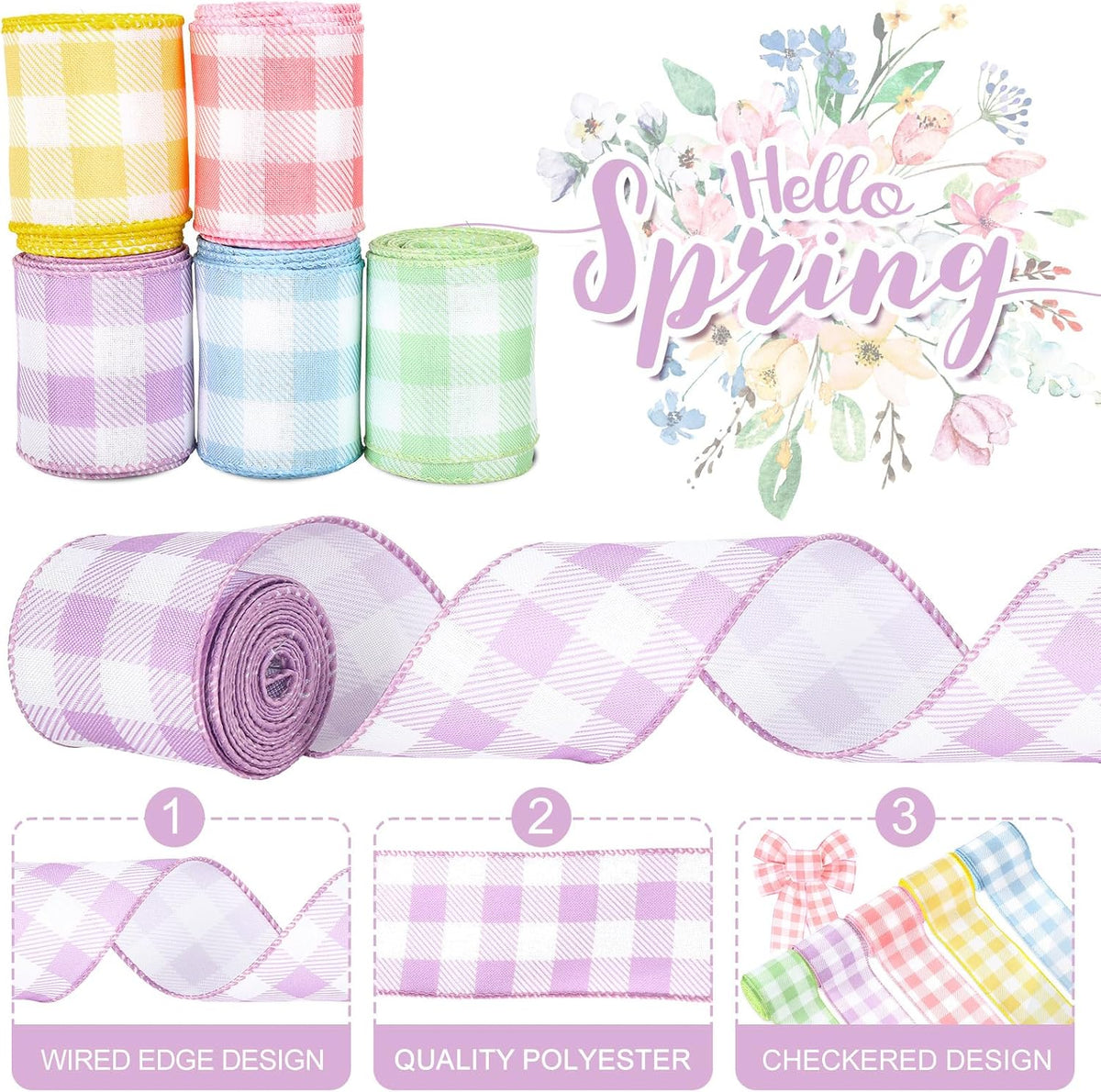 Spring Wired Edge Ribbon 30 Yards Pastel Buffalo Plaids Fabric Ribbon Light Blue Yellow Pink Purple Green Decorative Wrapping Ribbons for Easter Wreath Bow Making DIY Crafts, 5 Roll